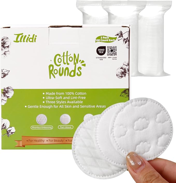 Boxed 300-Count Embossed Cotton Rounds – 3 Unique Patterns, Lint-Free, Dual-Sided, Soft & Durable, Ideal for Makeup Removal, Skincare, Nail Polish, and Baby Care