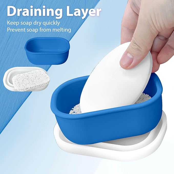 Leakproof Silicone Travel Soap Case with Drainage Layer, Silicone Bar Soap Holder Compact Portable Shatterproof Soap Container Box for Bathroom Gym Camp Travel Toiletries (KleinBlue, Clear Lid)