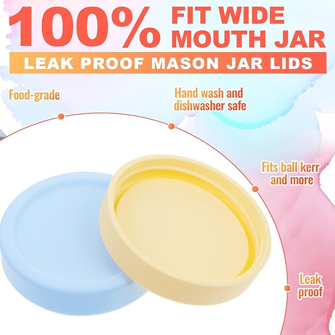 6 Pcs Silicone Wide Mouth Lids Mason Jar Lids Thickened Leak Proof Lid for 86 mm All Wide Mouth Mason Jars, Reusable Large Canning Jar Caps(Macaron)