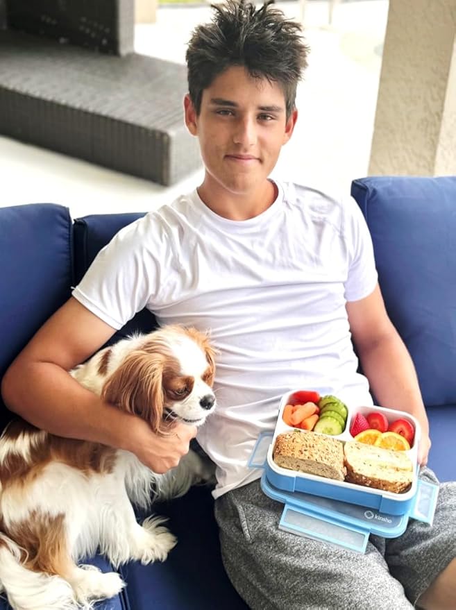 Bento Lunch Box Kids & Adults, Lunch and Snack Containers for Boys & Girls with 3 Compartments - School, Work Daycare, Meal Planning Portion Control Container, BPA-Free Boxes, Utensils, Blue 1 pack