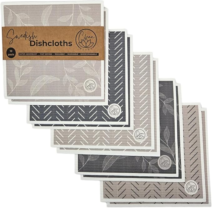 Swedish Dishcloth, Super Absorbent, Non-Scratch, Multi-Surface, Washable, Decorative Design, Paper Towel Replacement, Biodegradable, Eco Friendly, 10 Pack