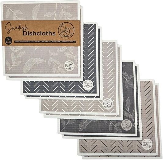 Swedish Dishcloth, Super Absorbent, Non-Scratch, Multi-Surface, Washable, Decorative Design, Paper Towel Replacement, Biodegradable, Eco Friendly, 10 Pack