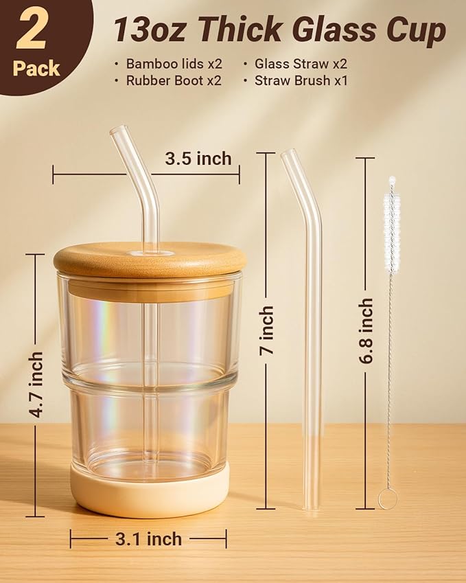 Zukro 13 oz Glass Iced Coffee Cups with Bamboo Lid and Straw for Office/Home/Work, Zero Plastic, Thick Wall Glass Water Tumbler With Silicone Bottom, Matcha Glasses, ECO Friendly, Amber & Shrimmer