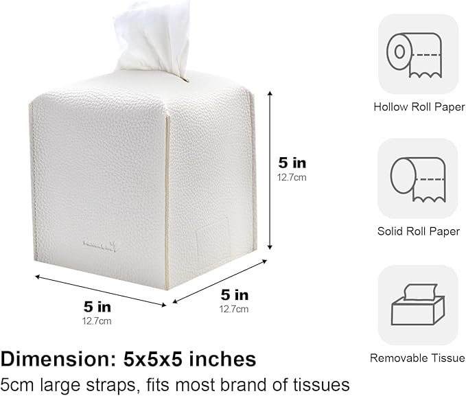 Tissue Box Cover 5X5X5'' PU Leather Tissue Holder Square Tissue Cube Box Organizer for Bathroom Vanity Countertop, Car, Night Stands, Office, Home, Kitchen (2Pack, White)