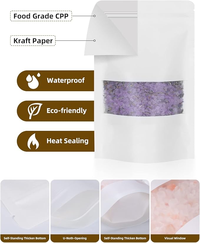 100pcs Kraft Bags with Window 3.5x5.5 Inches White Reusable Sealable Zip Lock Food Storage Stand up Paper Pouches for Home or Business
