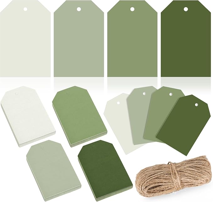 Whaline 120Pcs Sage Green Paper Gift Tags Gradient Green Hanging Labels with Hemp Ropes 4 Colors Blank Paper Tags for Wedding Birthday Holiday DIY Art Craft Supplies, 3 x 2 Inch