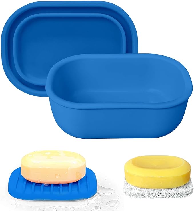 Leakproof Silicone Travel Soap Case with Drainage Layer, Silicone Bar Soap Holder Compact Portable Shatterproof Soap Container Box for Bathroom Gym Camp Travel Toiletries (KleinBlue, Drainage Lid)