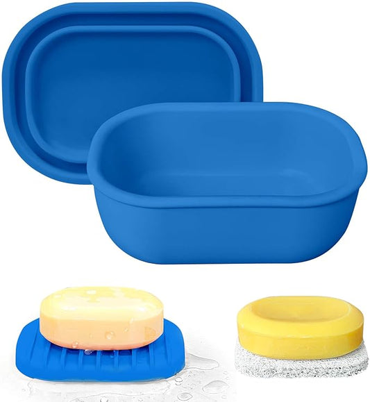 Leakproof Silicone Travel Soap Case with Drainage Layer, Silicone Bar Soap Holder Compact Portable Shatterproof Soap Container Box for Bathroom Gym Camp Travel Toiletries (KleinBlue, Drainage Lid)