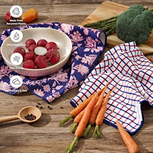 RECYCO Waffle Kitchen Towel Set of 2 - Quick Dry Microfiber Sustainable Dish Towels - Ultra Absorbent Reusable Cleaning Tea Towels - Lightweight Hand Towels,16”x 28”, Americana Bloom - Image 3