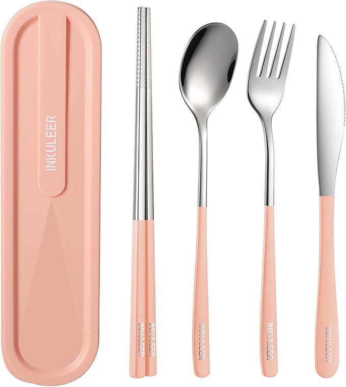Travel cutlery set, 18/8 stainless steel cutlery, Reusable utensils set with case, Portable Silverware Lunch Box for Camping and Office (Pink/knife set)
