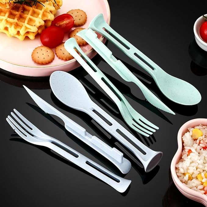 3PCS Wheat Straw Cutlery, Reusable Utensils Set Portable Travel 3 in 1 Spoon Fork Knife Tableware, Eco-Friendly, BPA Free, Flatware for Kids Adults, Travel Picnic Camping (Blue)