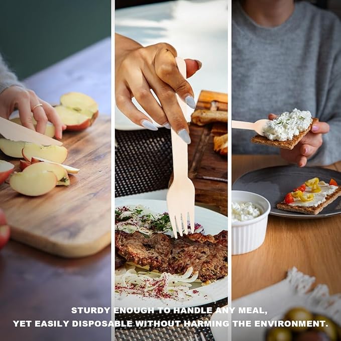Wooden Compostable Utensils Set - 360 Pieces Wooden Cutlery Set Disposable (180 Forks, 60 Knives, 120 Spoons), Eco Friendly ＆ Plastic-free, 100% Biodegradable Utensil Bulk for Party