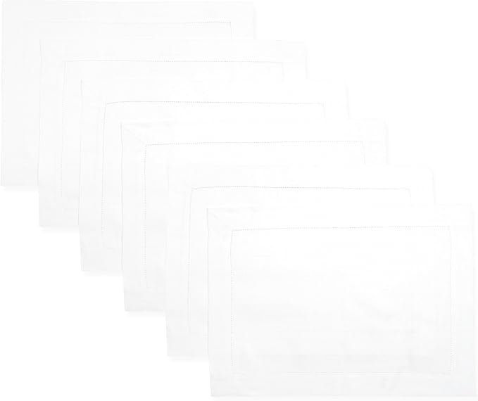 D'Moksha Homes White Linen Placemats Set of 6 - Classic Hemstitch Placemats 14 x 19 Inch - 100% Pure Linen Table Mats for Winter, Christmas, Holiday - Handcrafted and Machine Washable