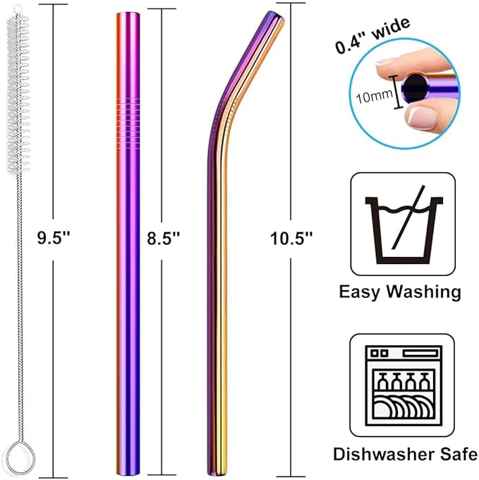 Vinaco Reusable Smoothie Straws, 0.4'' Wide Stainless Steel, 10.5'' & 8.5'' Long, 4 Pack with 1 Cleaner for Milkshake, Smoothie, Bubble Tea