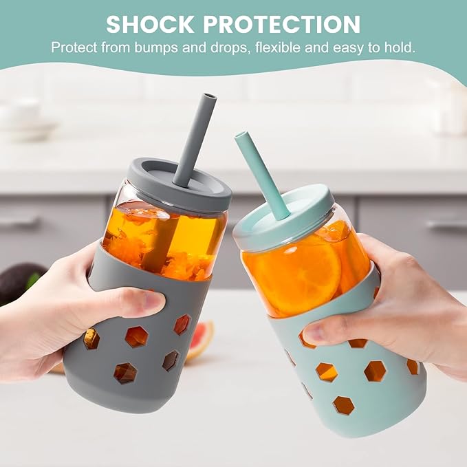 Glass Cups with Lids and Straws (4 Pcs), 16oz Drinking Glasses Set with Silicone Sleeves for Coffee Bar Accessories Iced Coffee Cups with Lids, Glass Tumbler Reusable for Gifts