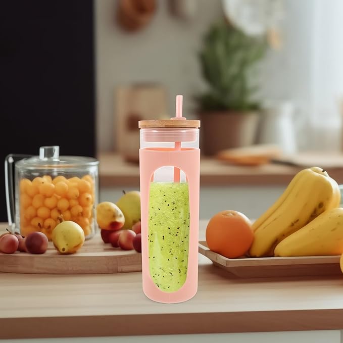 Ciieeo Glass Drinking Cup with Lid and Straw Reusable Glass Tumbler with Silicone Sleeve Coffee and Iced Tea Beverage Water Cup for Home and Travel