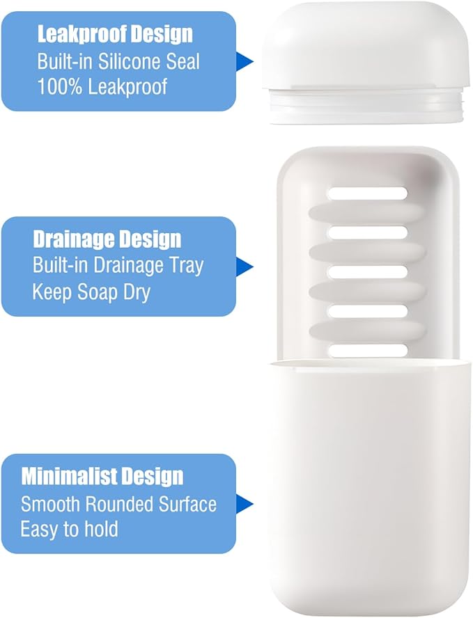 Minimalist Travel Soap Case with Removable Draining Tray, Enhanced Leak-Proof Travel Soap Container with Silicone Seal, Compact Portable Travel Soap Dish, White, 1 Pack