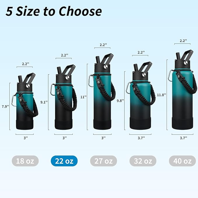 BJPKPK Insulated Water Bottle with Straw Lid, 22oz Thermal Flasks Water Bottles with 3 Lids, Paracord Handle & Non-slip Boot, BPA Free Leak Proof Stainless Steel Tumblers,Army Green & Black