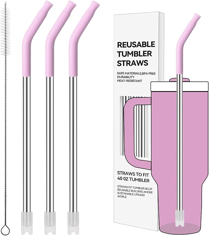 Reusable Metal Straws with Silicone Tip for Stanley 40oz,Stainless Steel Drinking Straws for 40oz Tumbler,3 Straight Tubes & 6 Tips& 1 Cleanr Brush(Lilac)