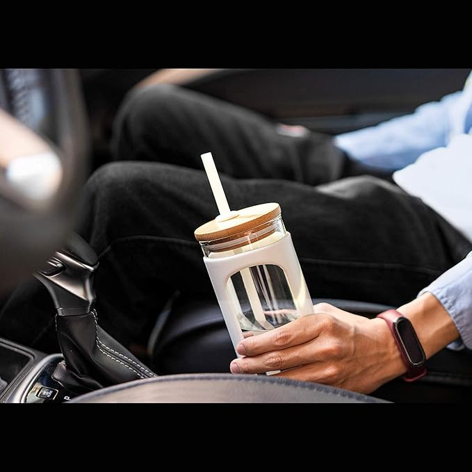 Kodrine 20oz Glass Tumbler with Straw and Lid, Bamboo Lids Water Bottle, Reusable Iced Coffee Cups, Wide Mouth Smoothie Cup with Protective Silicone Sleeve BPA FREE-White+Amber-2pack