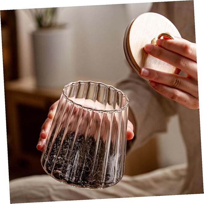 Transparent Sealed Glass Food Container with Wooden Lid Airtight Storage Jar for Kitchen Pantry Sealed Canister for Cereals Nuts Snacks and Tea