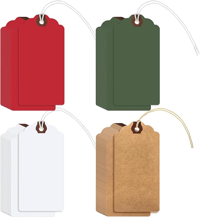 Outus 60 Pcs 4 3/4-in x 2 3/8-in Blank Large Paper Gift Tags with String and Reinforced Eyelet Wire Writable Price Tags Shipping Labels Inventory Labels (Christmas Colors)