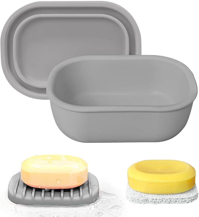 Leakproof Silicone Travel Soap Case with Drainage Layer, Silicone Bar Soap Holder Compact Portable Shatterproof Soap Container Box for Bathroom Gym Camp Travel Toiletries (Gray, Drainage Lid)