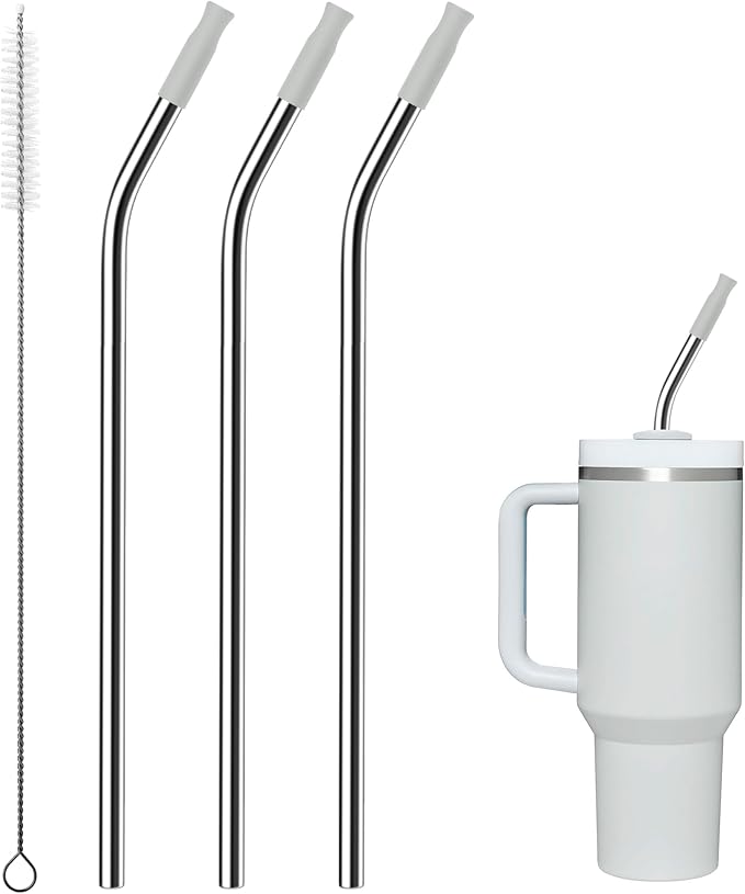 Metal Straws with Silicone Tip for Stanley 40 oz Tumbler,Reusable Straws for 40 oz Tumbler,3 Bendy 13.3" and 3 Light Gray Silicone StrawTips,1 Straw Cleanr Brush