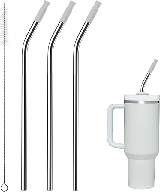 Metal Straws with Silicone Tip for Stanley 40 oz Tumbler,Reusable Straws for 40 oz Tumbler,3 Bendy 13.3" and 3 Light Gray Silicone StrawTips,1 Straw Cleanr Brush