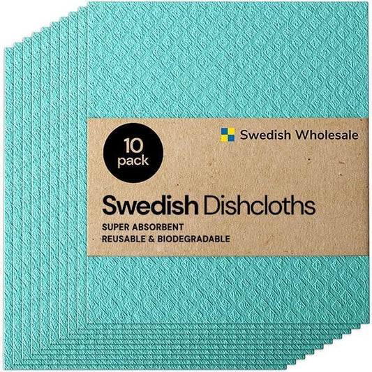 Swedish Wholesale Dishcloths Reusable 8" x 7" Sponge Cloths, Bulk 10 Pack of High Absorbent Cellulose Dish & Kitchen Cleaning Hand Towels, Wring to Dry & Machine Wash, Odor Resistant, Seafoam by SwedishWholesale