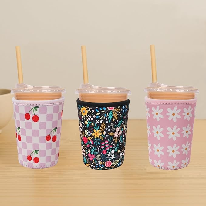 Reusable Insulated Neoprene Iced Coffee Cup Sleeve, Durable Drink Sleeve for Cold Beverages, Beverage Holder for Iced Coffee, Cherry Blush