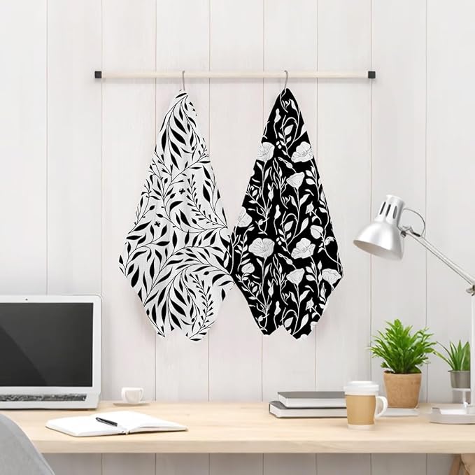 Jztco 2Pcs Black White Flower Kitchen Towels 24x14 Inch, Floral Seamless Pattern Waffle Hand Towels for Kitchen Bathroom Decor, Absorbent Microfiber Dish Cloth Tea Towel, Housewarming Gifts for Women