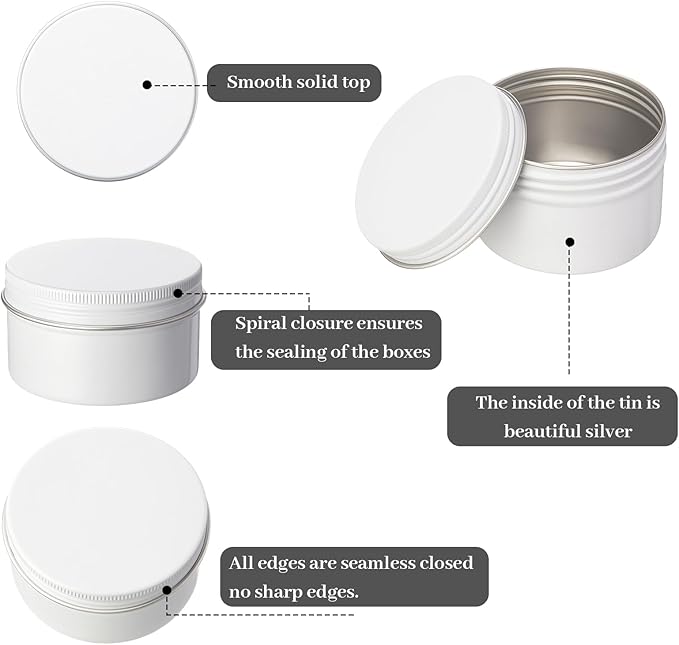 Patelai White Christmas Aluminum Tin Cans 24 Pcs 4 oz Round Metal Tin Jar Containers Refillable Aluminum Storage Cans with Screw Lid and 10 Sheets Label Sticker for Salve Spice Candy Candle