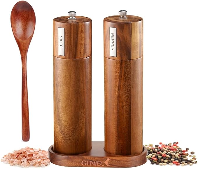 KING Acacia Salt Pepper Wood Grinders, Wooden Salt and Pepper Grinder Set, Refillable and Adjustable, 8" Tall Manual Salt Pepper Grinder Mill 2pcs, Cool House Warming Gift and Home Gifts