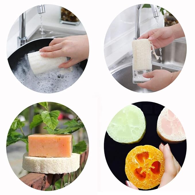 4" Natural Loofah Exfoliating Body Sponge Scrubber, Plant-Based Organic Loofa Luffa for Men & Women Skin Care Bath Shower Cleaning Back & Fac, Natural Sponges for Dishes, Pack of 4