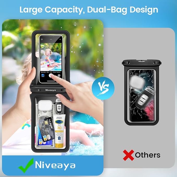 Niveaya Double Space Waterproof Phone Pouch (2-Pack) - IPX8 Phone Case Dry Bag for Beach, Kayak, Cruise Travel Essentials - Compatible with iPhone 17/16/15/14 Pro Max Galaxy S25/S24 Ultra (up to 8.3")