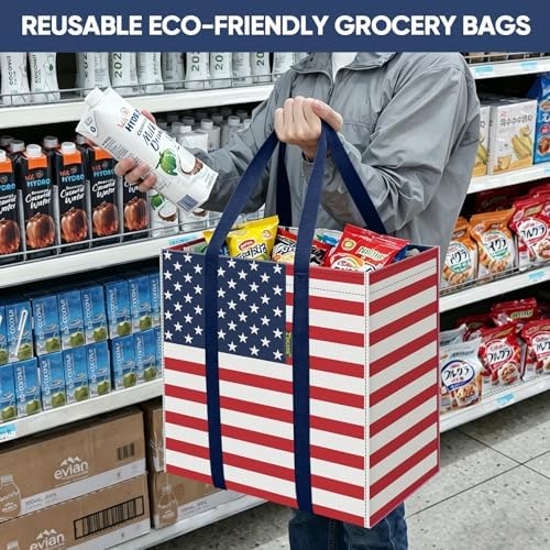 BALEINE 8 PK Grocery Bags Reusable Shopping Bags with Reinforced Bottom, Heavy Duty Foldable Tote Bags (Patriot Celebration) - Image 6
