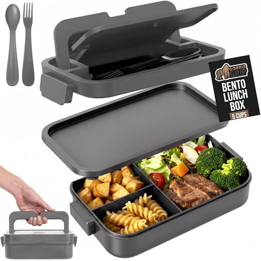 GORILLA GRIP BPA-Free Leakproof 3-Compartment Bento Lunch Box for Adults, Kids, Microwave Safe Hot and Cold Food Containers, Easy to Carry Lid Includes Built-In Utensils Set, Holds 5 Cups, Gray