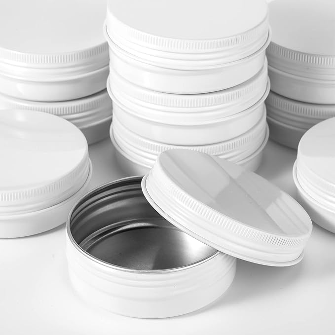 Patelai 72 Pcs 2 oz Aluminum Tins Salve Containers with Screw Lid and Labels Round Cans Travel Cosmetic Metal Tins Jar for Candles Lotion Bars Balms Food Spice Candies DIY Crafts(White)