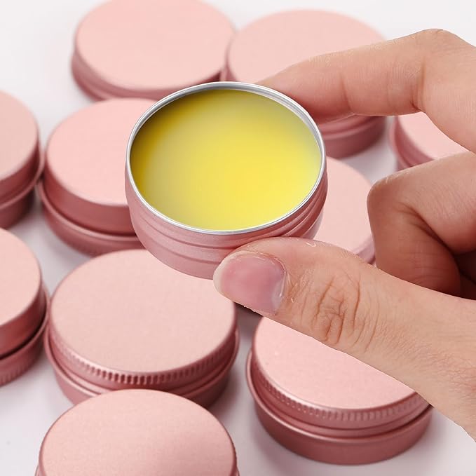 Patelai 64 Pieces Lip Balm Tin Containers Screw Top Round Tin Cans Aluminum Jar with Screw Lid, Empty Bottle Travel Cosmetic Sample Container for DIY(1 oz,Rose Gold)