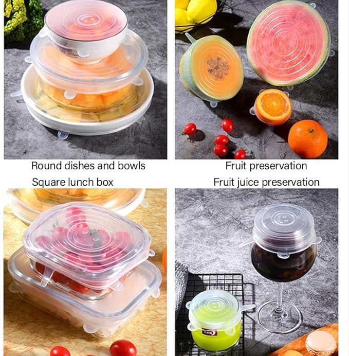 Reusable Silicone Stretch-Lid Set – 6 Sizes (2.4″-7.1″), Crystal-Clear, BPA-Free, Airtight Food-Saver Covers for Bowls, Cans, Half Fruit & Veg | Microwave, Freezer & Dishwasher Safe – 65 g Pack