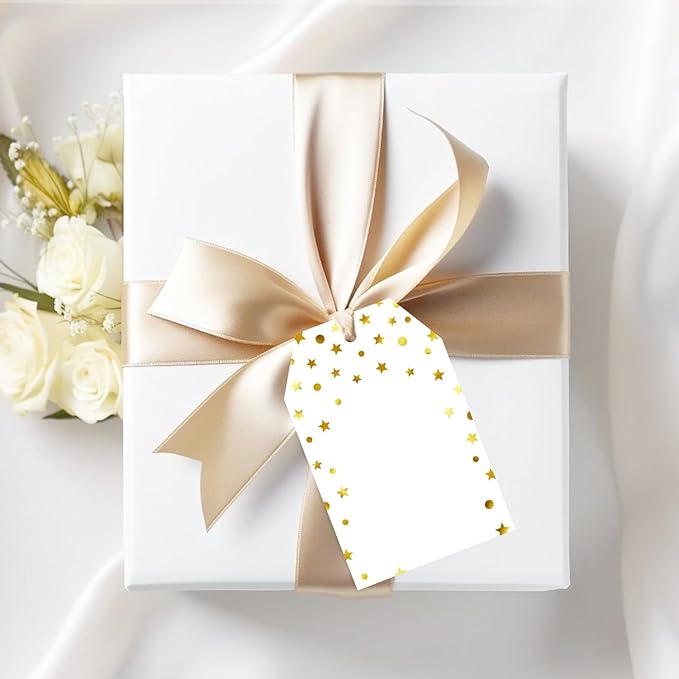 jijAcraft Gift Tags with String, 100Pcs Gold Foil Star Blank Gift Wrapping Labels, 3.3x2.1 Inch White Paper Name Tags for Wedding, Birthday, Baby Shower
