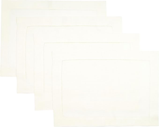 D'Moksha Homes Linen Placemats Set of 4 - Classic Hemstitch Ivory Placemats 14 x 19 Inch - 100% Pure Linen Table Mats for Winter, Christmas, Holiday - Handcrafted and Machine Washable