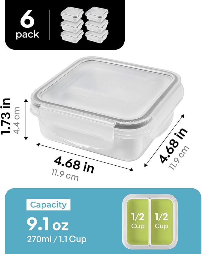 carrotez 2 Compartment Small Snack Containers, Mini Snack Containers for Mini Fridge, Small Food Storage Containers, Airtight Lids, Reusable, 1.1 cup, 6 PACK