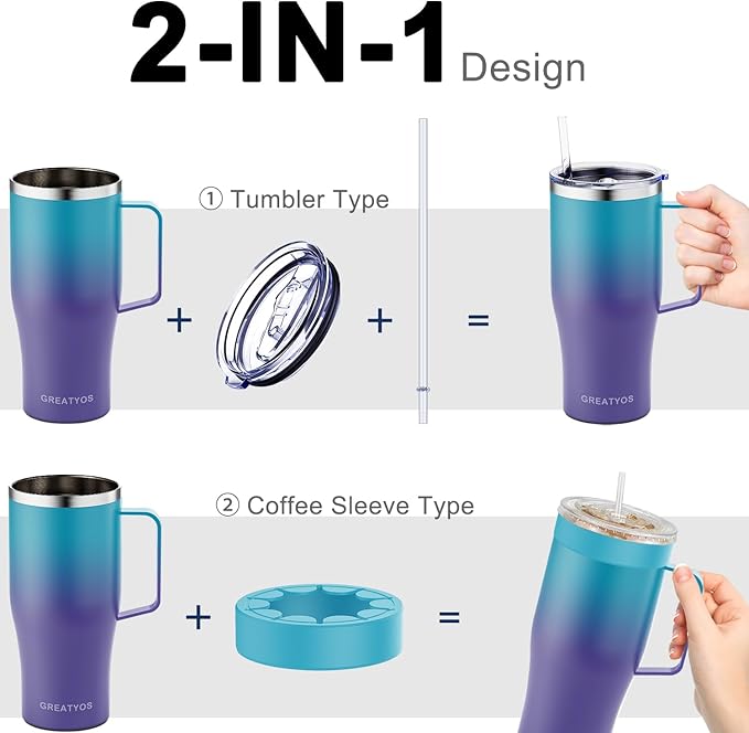 Universal Iced Coffee Sleeve with Handle - Insulated Double Wall Reusable Stainless Steel Holder Insulator for Cold Drinks Fits Small Medium Large To Go Cups Gifts for Men Women Him Her (Ocean Dream)