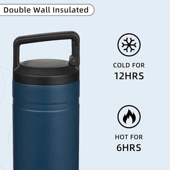 BJPKPK Insulated Water Bottle with 2 Lids,20 oz Double Wall Stainless Steel Vacuum Tumbler Travel Coffee Mug,Wide Mouth Thermal Cup,Navy Blue