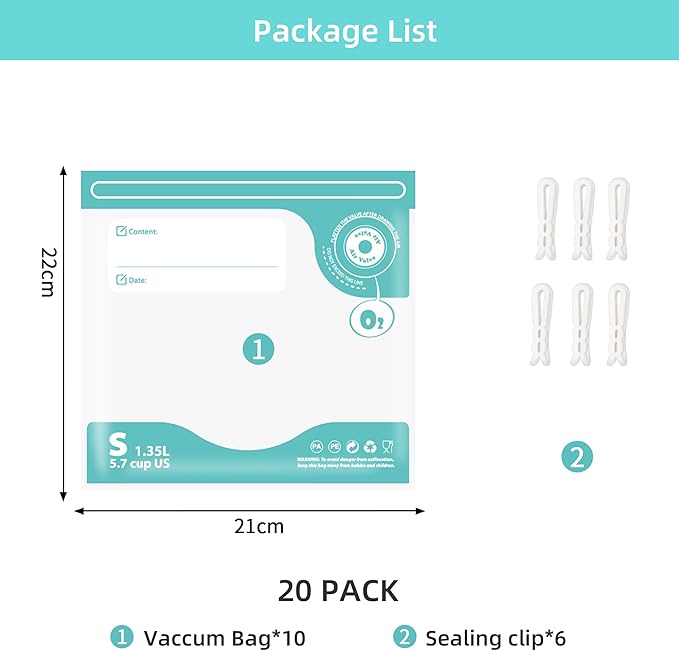 Sous Vide Bags Reusable, Vacuum Food Storage Bag 20 pcs (8.7 * 8.3in) Comes with 6 Sealing Sliders Thicken PA&PE Material Double Zipper Long-lasting Freshness Bag for Cooking, Food Storage S 20pcs