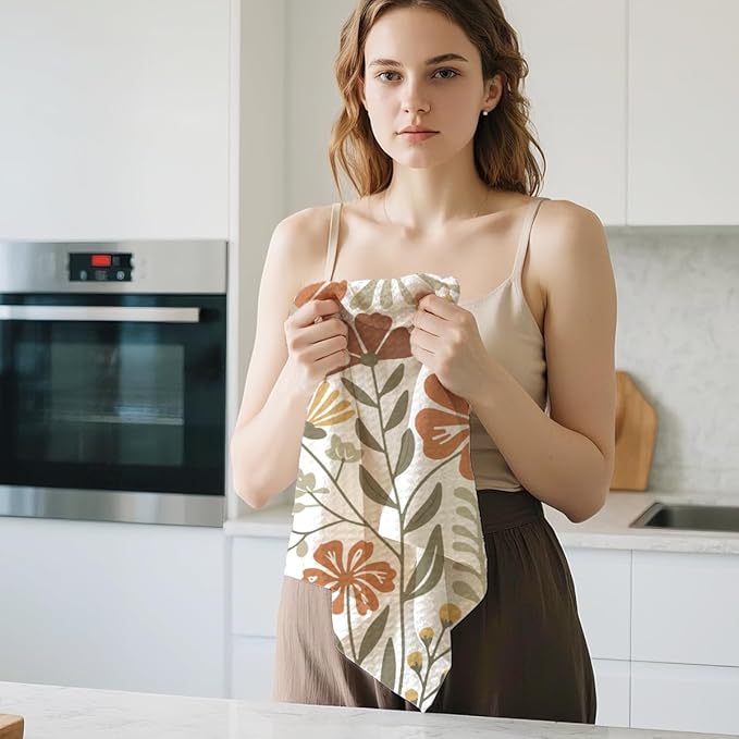 Jztco 2 Pcs Boho Floral Kitchen Towels 24x14 Inch, Boho Style Vintage Flower Waffle Hand Towels for Kitchen Home Decor, Absorbent Microfiber Dish Cloth Tea Towel, Home Gifts for Women Mom Grandma
