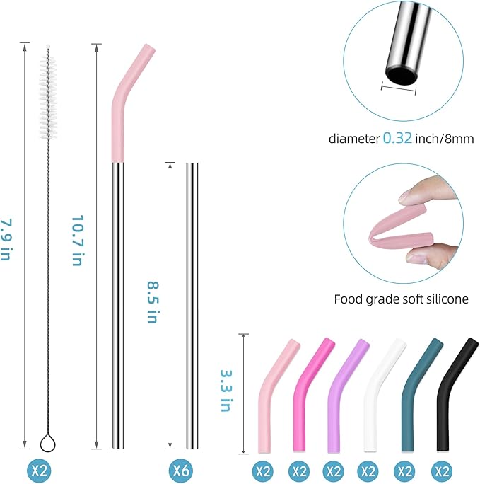 20 oz Stainless Metal Straws for 20 oz Stanley Tumbler, 6Pcs Reusable Straight Long Steel Straws with 12 Silicone Tips and 2 Straw Cleaning Brushes (6Color2, 20oz)
