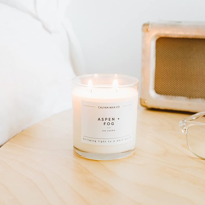 Calyan Wax Co. Aspen & Fog 2 Wick Scented Candle - 37 Hour Burn - Luxury Non Toxic Soy Wax Candles - Long Lasting Large Glass Jar Candle for Home - 8.8oz